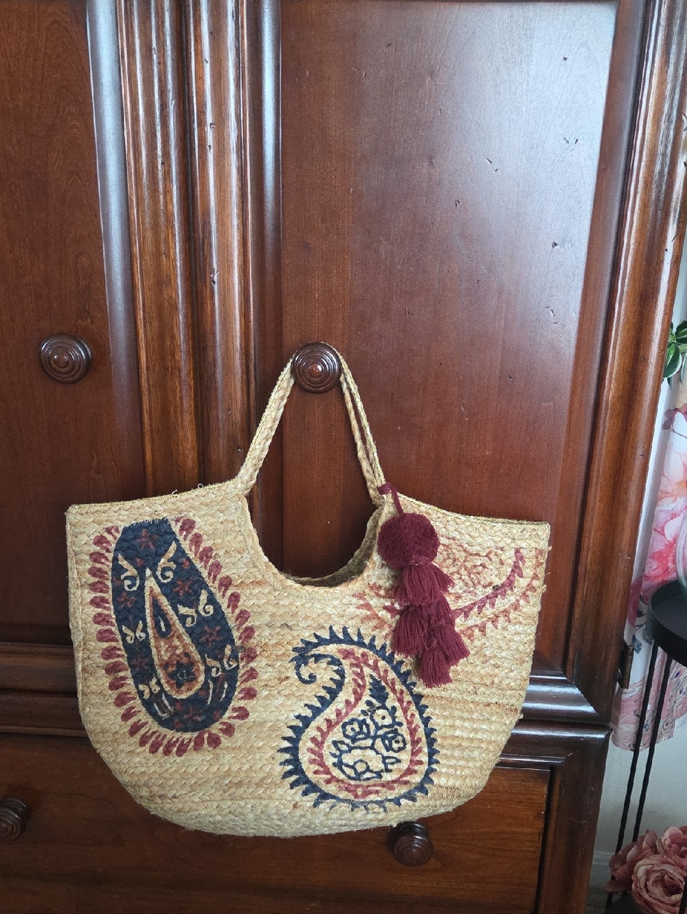 Handwoven Straw Tote with Paisley Print and Burgundy Tassel